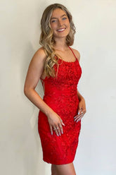 Sheath Spaghetti Straps Red Homecoming Dresses Short Cocktail Dresses with Appliques