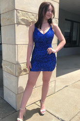 Sheath Spaghetti Straps Royal Blue Homecoming Dresses Sequin Short Cocktail Dress