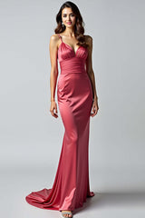 Sheath Watermelon V-Neck Backless Long Formal Dress