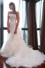 Sheath Wedding Dress with Organza Long Train Appliques Beading Bridal Gown with Flowers