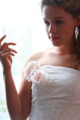 Sheath Wedding Dress with Organza Long Train Appliques Beading Bridal Gown with Flowers