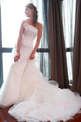 Sheath Wedding Dress with Organza Long Train Appliques Beading Bridal Gown with Flowers