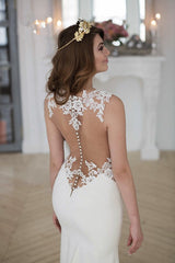 Sheer Back Lace Buttons Wedding Dress Mermaid Sleeveless Sexy Bridal Gowns BA3691