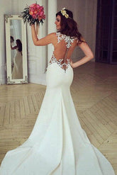 Sheer Back Lace Buttons Wedding Dress Mermaid Sleeveless Sexy Bridal Gowns BA3691