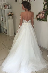 Sheer Long Sleeve Lace Wedding Dresses Open Back Tulle Ball Gown Bridal Dress