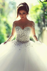 Sheer Sweetheart Crystal Ball Gown Wedding Dresses Lace-up Long Sleeve Tulle Beautiful Wedding Princess Dress MH001