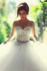 Sheer Sweetheart Crystal Ball Gown Wedding Dresses Lace-up Long Sleeve Tulle Beautiful Wedding Princess Dress MH001