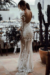 Sheer Tulle Lace Appliques Sexy Summer Beach Wedding Dress | Sheath Long Sleeve Outdoor Wedding Dress