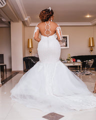 Sheer Tulle Mermaid Lace Wedding Dresses | Long Sleeve Appliques Bridal Dresses