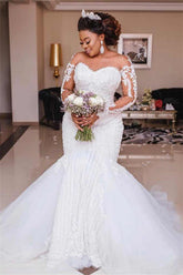 Sheer Tulle Mermaid Lace Wedding Dresses | Long Sleeve Appliques Bridal Dresses