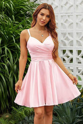 Shining Pink Spaghetti Strap Sleeveless V Neck Pleated Short Dress
