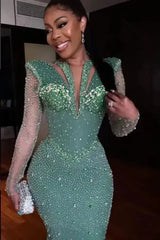 Shinning Applique Long Sleeves Green Prom Dress Mermaid Floor Length Evening Formal Dress