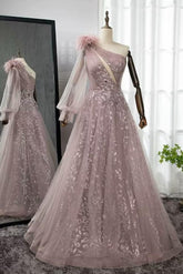 Shinning Blushing Pink Prom Dress One Shoulder Appliques Embroidery Evening Formal Dress