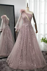 Shinning Blushing Pink Prom Dress One Shoulder Appliques Embroidery Evening Formal Dress