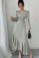 Shinning Long Sleeves V Neck Long Evening Formal Dress With Ruffled Pleated