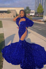 Shinning Royal Blue High-neck Long Sleeve Lace Floor-length Mermaid Prom Dresses