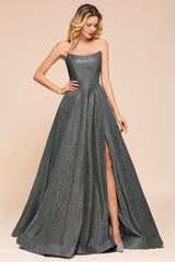 Shinning Strapless Long Prom Dress | Lace-up Evening Gowns With Split