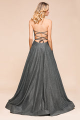 Shinning Strapless Long Prom Dress | Lace-up Evening Gowns With Split