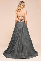 Shinning Strapless Long Prom Dress | Lace-up Evening Gowns With Split