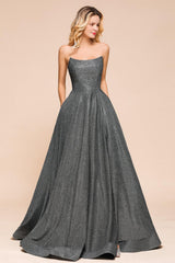 Shinning Strapless Long Prom Dress | Lace-up Evening Gowns With Split