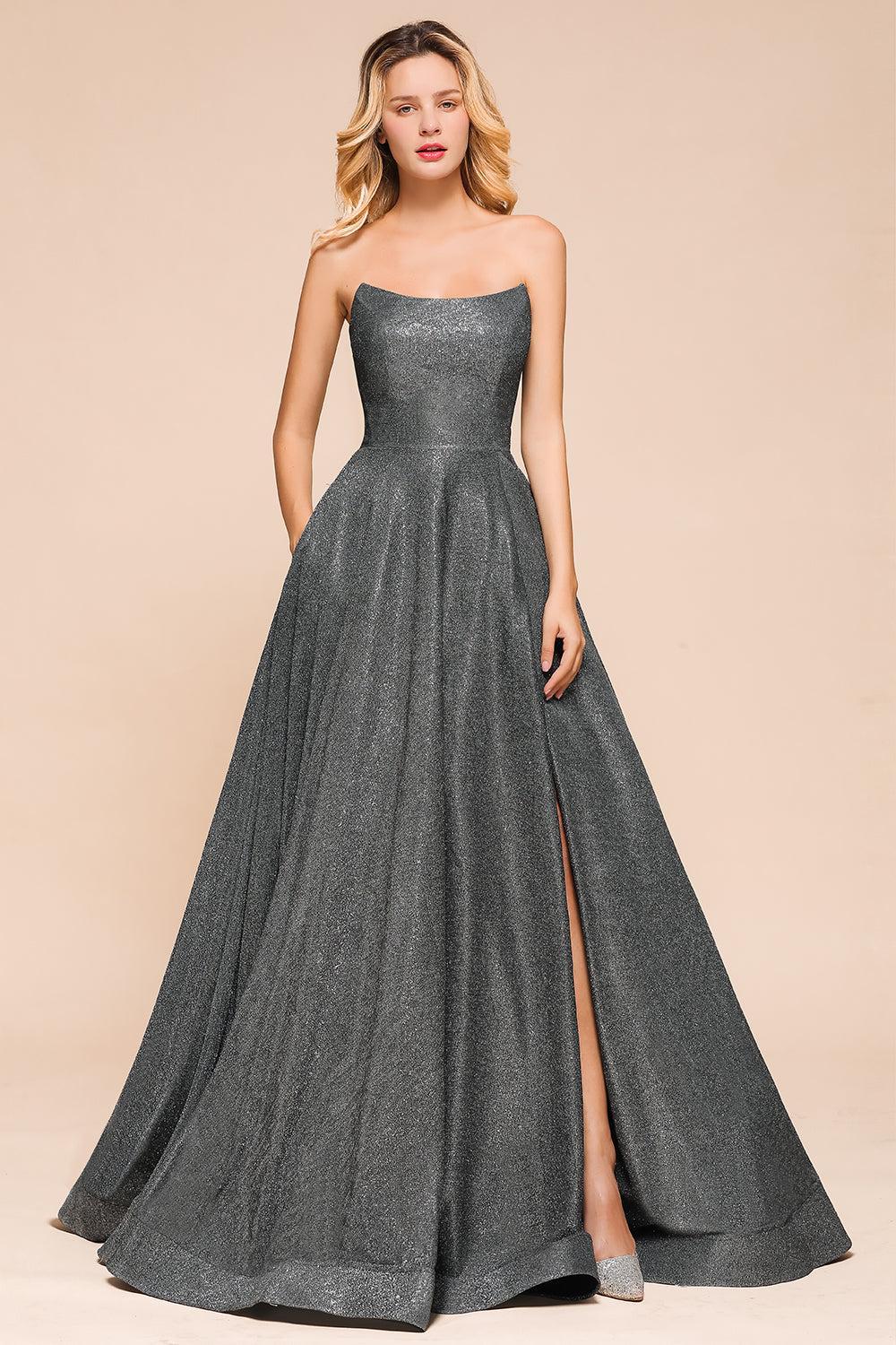 Shinning Strapless Long Prom Dress | Lace-up Evening Gowns With Split