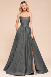 Shinning Strapless Long Prom Dress | Lace-up Evening Gowns With Split