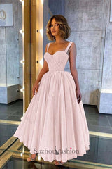 Shinning Straps Sweetheart Evening Prom Dress Sequined Tea Length Formal Dress