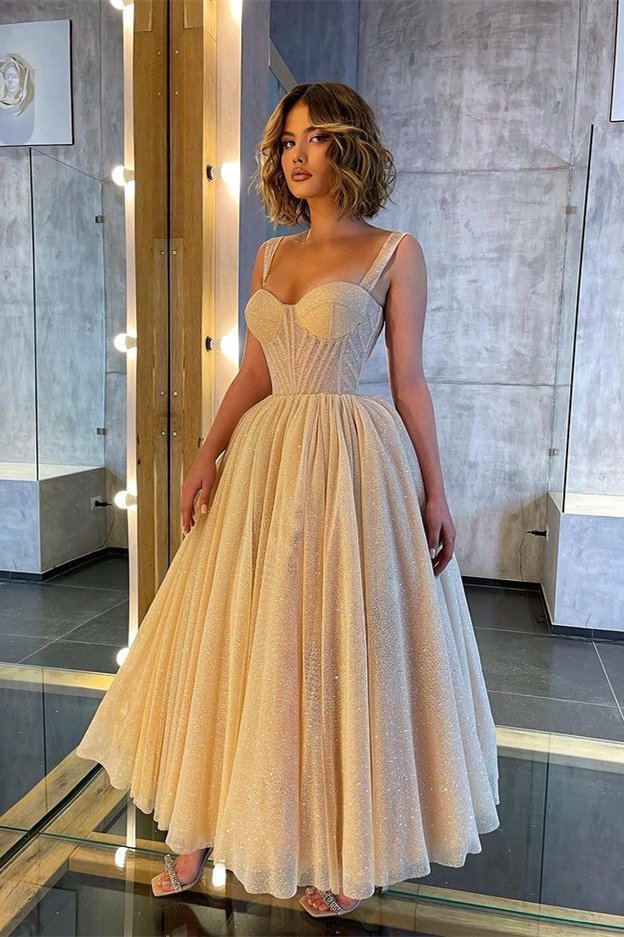 Shinning Straps Sweetheart Evening Prom Dress Sequined Tea Length Formal Dress