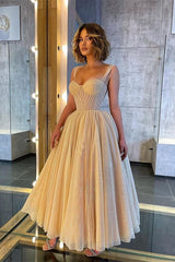 Shinning Straps Sweetheart Evening Prom Dress Sequined Tea Length Formal Dress