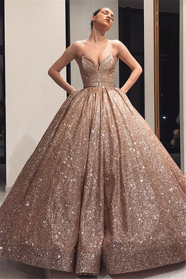 Shiny Ball Gown Floor-Length Sleeveless Prom Dresses | Sweetheart Sequins Evening Gown With Bow