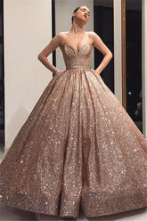 Shiny Ball Gown Floor-Length Sleeveless Prom Dresses | Sweetheart Sequins Evening Gown With Bow