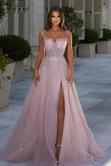 Shiny Pink Prom Dress Spaghetti Strap A Line Evening Formal Dress Appliques Sleeveless With Split