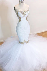 Shiny Sequins Appliques Wedding Dresses | Mermaid Tulle Strapless Bridal Gowns