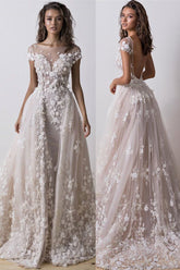 Short Sleeve Backless Lace A Line Popular Wedding Dresses Online