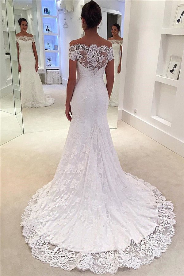 Short Sleeve Full Lace Wedding Dresses | Off The Shoulder Sheath Bridal Gowns with Court Train