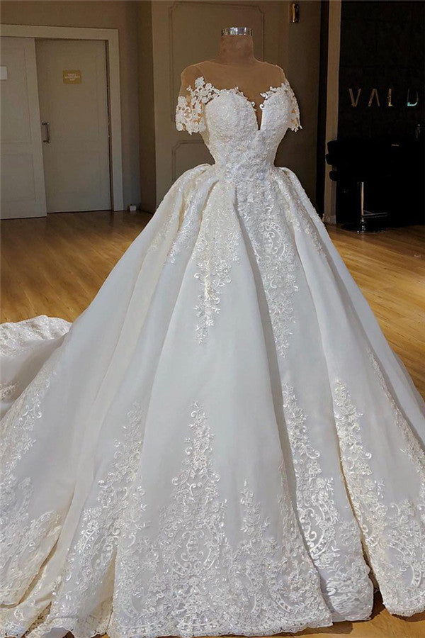 Short Sleeves Lace Appliques Wedding Dresses | Ball Gown Chapel Train Princess Bridal Gowns