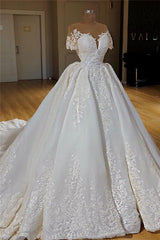 Short Sleeves Lace Appliques Wedding Dresses | Ball Gown Chapel Train Princess Bridal Gowns