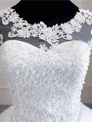 Short Sleeves Sweetheart Tulle White Lace Appliques Ball Gown Wedding Dresses