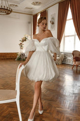 Short White Beach Wedding Dress Off The Shoulder Tulle Glitter Bridal Gown With Sleeves