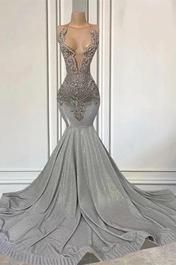 Silver Halter Prom Dress Mermaid Formal Dress with Beadings Silver Halter Prom Dress Mermaid Formal Dress with Beadings