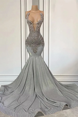Silver Halter Prom Dress Mermaid Formal Dress with Beadings