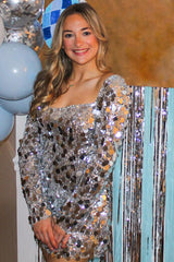 Silver Homecoming Dresses Long Sleeves Short Cocktail Dresses