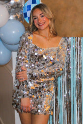Silver Homecoming Dresses Long Sleeves Short Cocktail Dresses