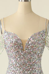Silver Homecoming Dresses Sequined Cocktail Dress With Fringes