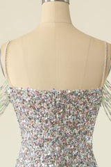 Silver Homecoming Dresses Sequined Cocktail Dress With Fringes
