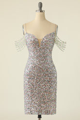 Silver Homecoming Dresses Sequined Cocktail Dress With Fringes