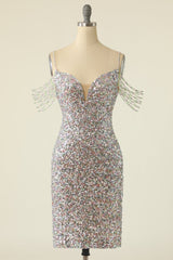 Silver Homecoming Dresses Sequined Cocktail Dress With Fringes