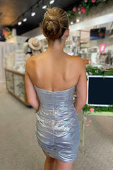 Silver Homecoming Dresses Strapless Tight Short Cocktail Dresses with Beadings