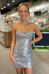 Silver Homecoming Dresses Strapless Tight Short Cocktail Dresses with Beadings