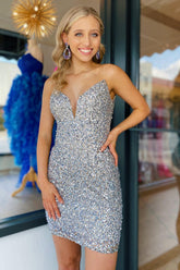 Silver Homecoming Dresses Sweetheart Sequin Tight Short Cocktail Dresses